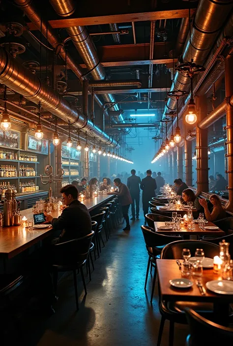 steampunk restaurant, with neon lighting and a darker atmosphere, on the ceiling of the pipe,  on each table there is a holographic menu. There is a bar counter with old bottles 
