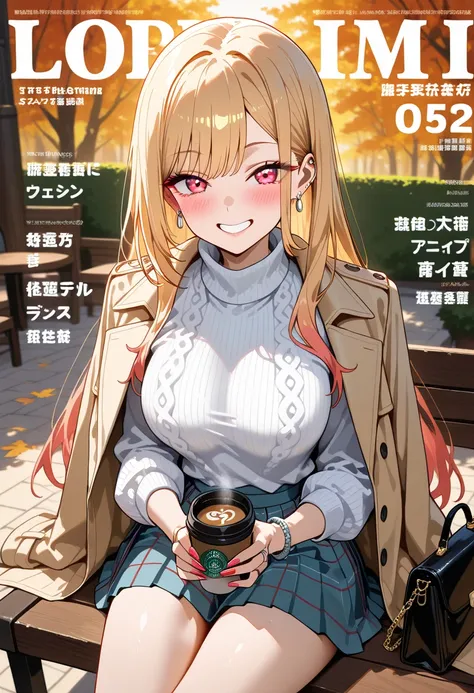 Marin Kitagawa, sitting at an outdoor café table, gently adjusting the collar of her fitted deep V turtleneck sweater with one hand while holding a warm coffee cup in the other, long sleek blonde hair cascading over her shoulders, light pink ombre hair, re...