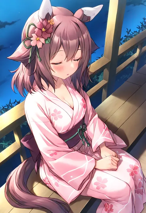 shoot from side, shoot from above, night, sleeping, closed eyes, parted lips, blush, sweat, indoor, sitting on bench, leaning on wall, yukata, floral printed yukata, lite pink yukata, ((1 girl)), umamusume, Sakura Chiyono O, 1girl, solo, eyes, animal ears,...