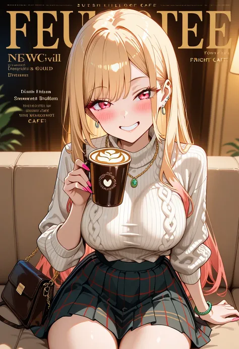 Marin Kitagawa, sitting comfortably on a plush café sofa, gently pulling the hem of her oversized deep V ribbed knit sweater while sipping a warm latte, long loose blonde hair cascading down her back, light pink ombre hair, red eyes, earrings, stylish gold...