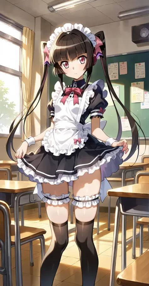 high resolution picture, masterpiece, best quality, amaging quality,、      Tsukuyomi Shirabe (senki zesshou symphogear))，maid costume、black knee-high socks,School、classroom、