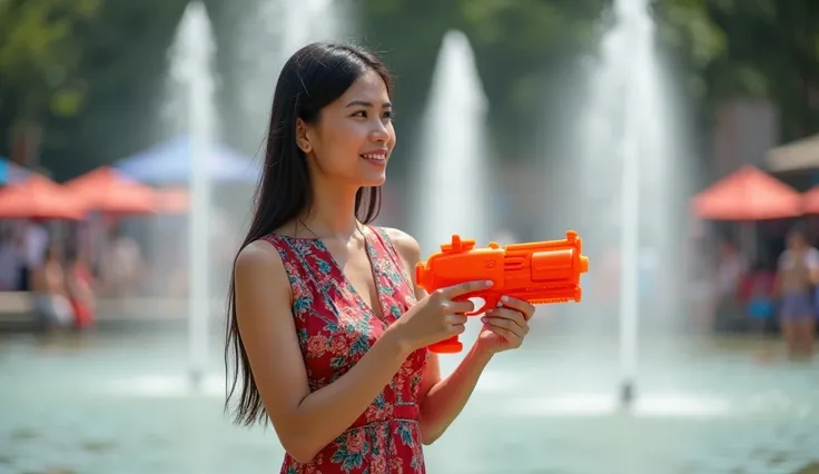 a beautiful asia woman who wear normal dress and hold smart phone and the water gun on the other hand with the myanmar water festival background