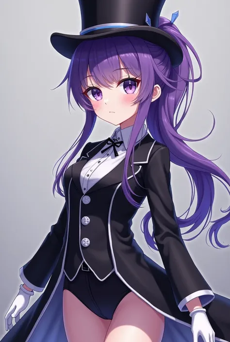 Type of anime age girl with purple hair with light blue stripes with a brim and ponytail with beautiful bluish gray eyes with full body pink and purple skin with a slim body wears a black magician costume with a black top hat white gloves she wears black t...