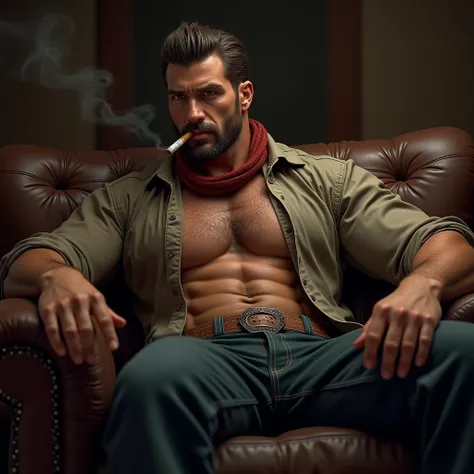 Cowboy scarf muscles open shirt lying down couch smoking cigar serious guy