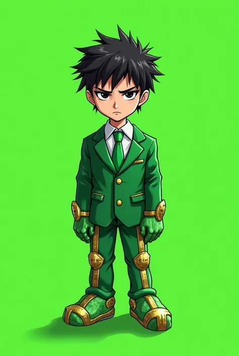 Draw a Boy in a Green Suit , white shirt and green tie .  has black hair,  disheveled color and a serious facial expression .  His arms and legs appear to be made of a green crystalline material with gold accents.  The background is a bright green , , whic...