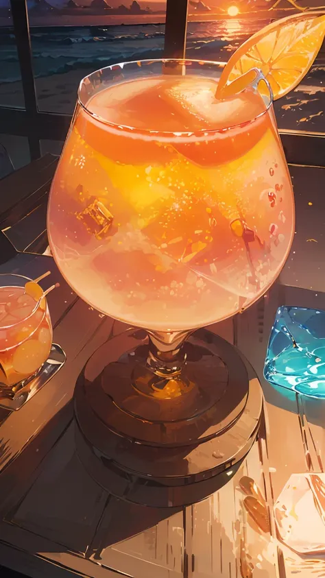  Masterpiece,  top quality,  Hi-Res,  very detailed that ,((( a glass with a yellow cocktail is placed on a wooden table))), ((( fruit floats on the glass ))), (((Blue light surrounds the glass ))), (((sunset))), (((Beach background))),