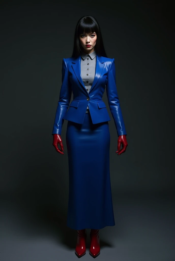 Ryoko Hirosue as a bossy businesswoman,  long-sleeved grey latex blouse ,  electric blue short latex jacket , **fastened with one button**,  long fitted electric blue latex maxi skirt,  long red high-platform boots with vinyl heels .  hair combed back , sm...