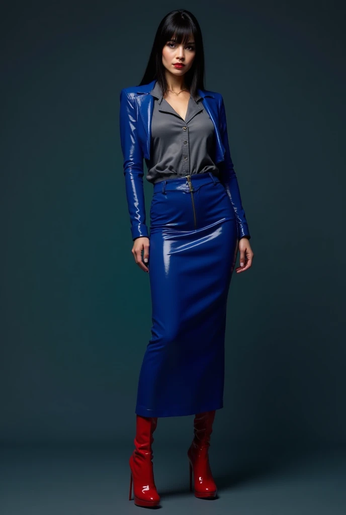 Ryoko Hirosue as a bossy businesswoman,  long-sleeved grey latex blouse ,  electric blue short latex jacket , **fastened with one button**,  long fitted electric blue latex maxi skirt,  long red high-platform boots with vinyl heels .  hair combed back , sm...