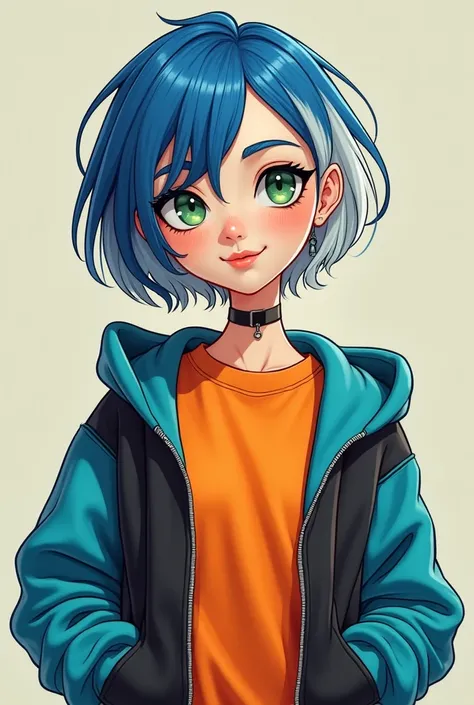 Une image de dessin animé, d'une femme à la peau blanche au cheveux très courts, White with blue locks with green eyes wearing an orange sweatshirt and a blue and black jacket 