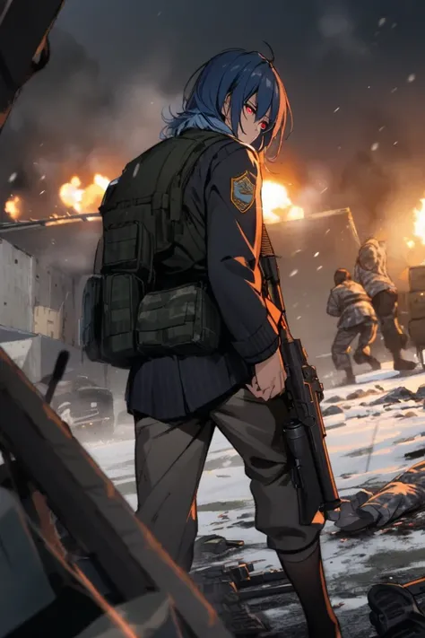 A  boy, standing backward while looking at us,  standing in a warzone, injured, red eyes, cold eyes, midnight, blue hair, PUBG school uniform 