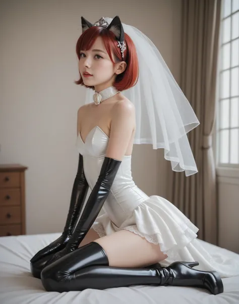   1 young girl  ,on the knees, Fuck,  slim ,  red hair top, straight short hair,  small breasts, Cat ears,  masterpiece ,  Anatomically correct , UHD,  super detailed ,  wedding dress ,  latex black knee boots,  latex black arm warmers long ,  bedroom  , w...