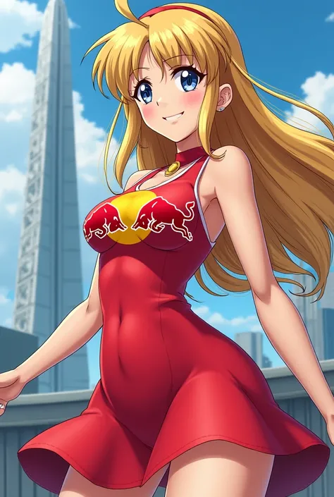 original art, Sailor venus, sailor moon, red bull dress, Red Bull logo on the chest, Smiling, Alone, Tower in background, anime,Minako Aino