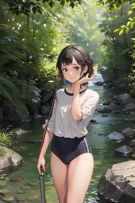 masterpiece, Highest quality,plural, Three Girls, In a beautiful river、Fish hanging、(Holding a fishing rod:1.4)、(Holding a bucket)、Water Play、Sandals, Black Hair, short hair、Long Hair, Hair ties, hair band, hair ornaments,  dappled daylight、Outdoor, I have...