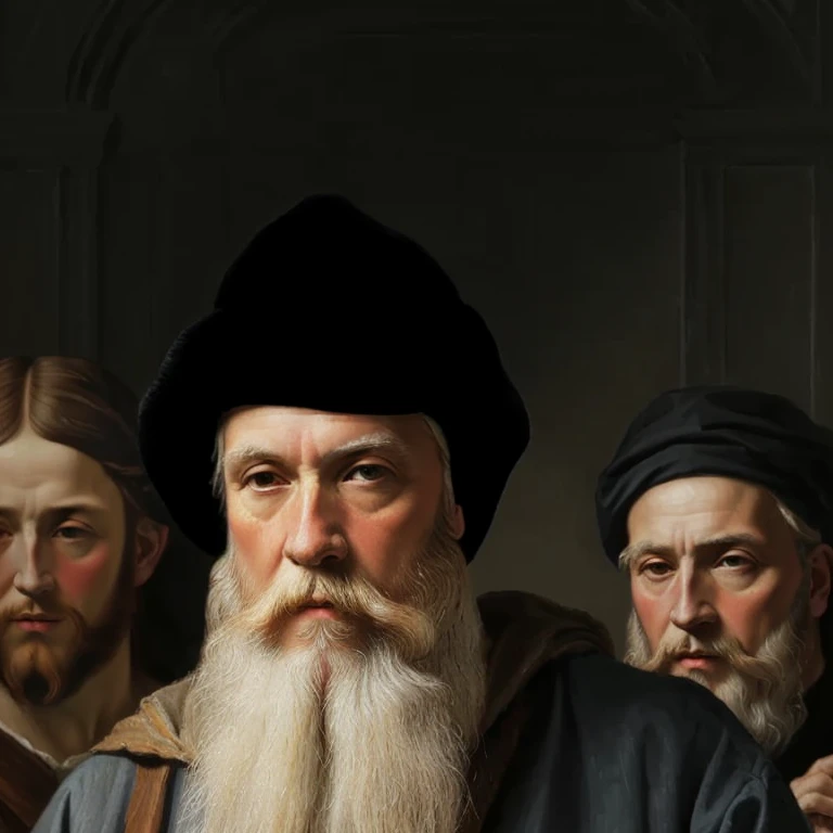  bearded man with a long beard and a black hat, realistic Renaissance portrait, in da Vinci style, Renaissance digital painting, Leonardo da Vinci style, Leonard da Vinci Style, Renaissance portrait, in style of leonardo da vinci,  Da Vinci style  , inspir...