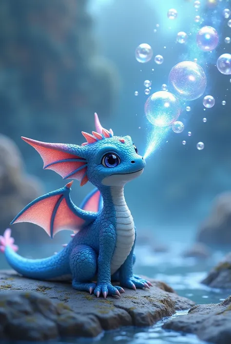 a tiny blue dragon breathe bubbles instead of fire in the style of 3D rendering with 9:16 aspect ratio