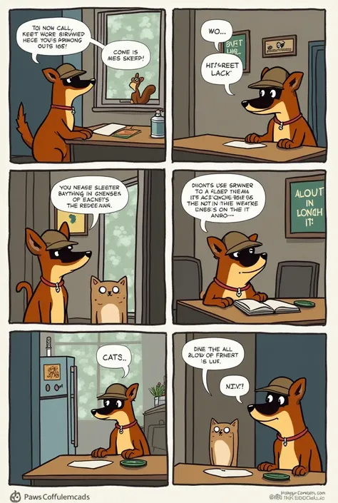 "Create a comic about a detective dog named Detective Paws who’s terribly bad at his job. In the first panel, Paws is called to solve a mystery about a missing sandwich, but instead of investigating, he’s distracted by the smell of a squirrel outside the w...