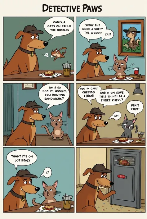 "Create a comic about a detective dog named Detective Paws who’s terribly bad at his job. In the first panel, Paws is called to solve a mystery about a missing sandwich, but instead of investigating, he’s distracted by the smell of a squirrel outside the w...