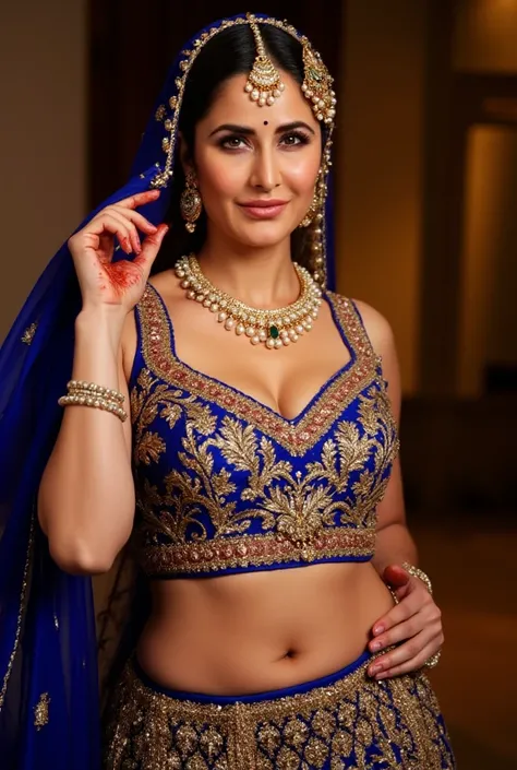 (masterpiece, best quality:1.2), She wears a deep royal blue lehenga, the gold zari work catching the firelight as she walks. Her sheer gold veil barely covers her sculpted waistline, leaving her perfect navel and toned stomach on full display. A grand mul...