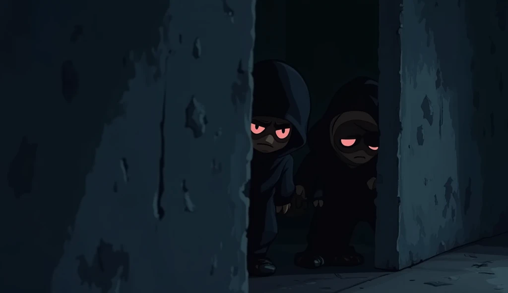 A 2D cartoon-style image of two cunning thieves, Ramesh and Suresh, hiding in a dark alley at night. They are dressed in black clothes and masks, peeking from behind a wall, waiting for something. The scene is suspenseful and mysterious