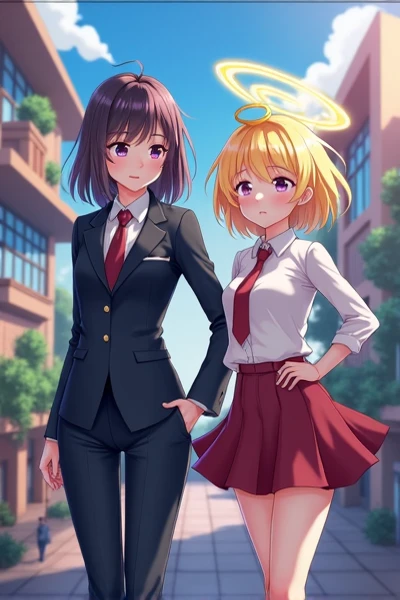  A closed eyed anime girl with long black hair in a suit with a black tie, Anime girl with yellow short hair,Halo , blue archive-style picture