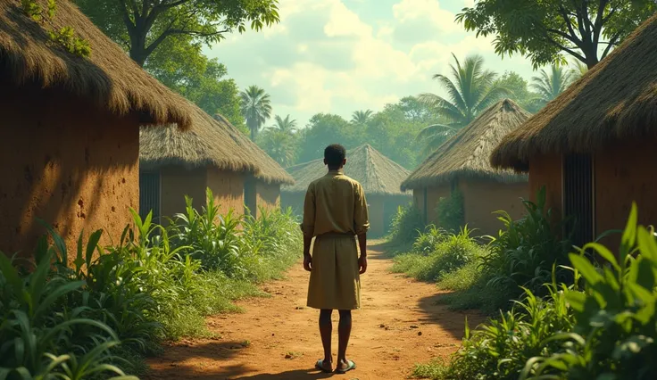   Even before Jabari's feet touched the path that would take him away clear Nigerian village background, realistic, hd image, oily image

 