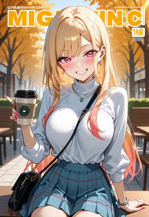 Marin Kitagawa, sitting at an outdoor café table, gently pulling the collar of her deep V fitted turtleneck sweater with one hand while holding a warm coffee cup in the other, slightly turning her body to the side, long sleek blonde hair cascading over her...