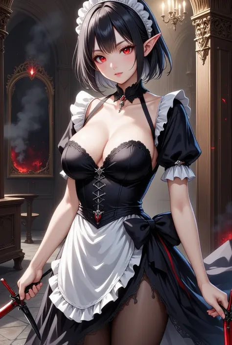 A mysterious and deadly maid with glowing red eyes, standing in a dimly lit, old-fashioned mansion. Her short, dark bob haircut frames her pale face, with a delicate white lace headpiece resting atop her head. Wisps of dark energy swirl around her, emanati...