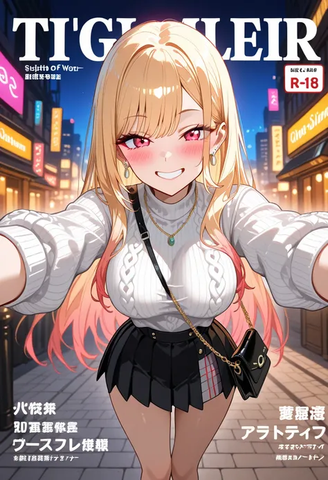 Marin Kitagawa, standing under the warm glow of city lights, gently gripping the hem of her oversized deep V ribbed knit sweater while wrapping her other arm around her waist, slightly turning her body to the side, long sleek blonde hair softly framing her...