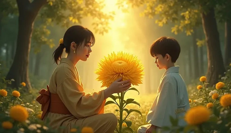 Main Composition**:  
- A golden-yellow chrysanthemum with countless tiny petals takes center stage, glowing softly as if illuminated by sunlight. The flower is large and detailed, symbolizing hope and life.  
- In the background, a dense, mystical forest ...