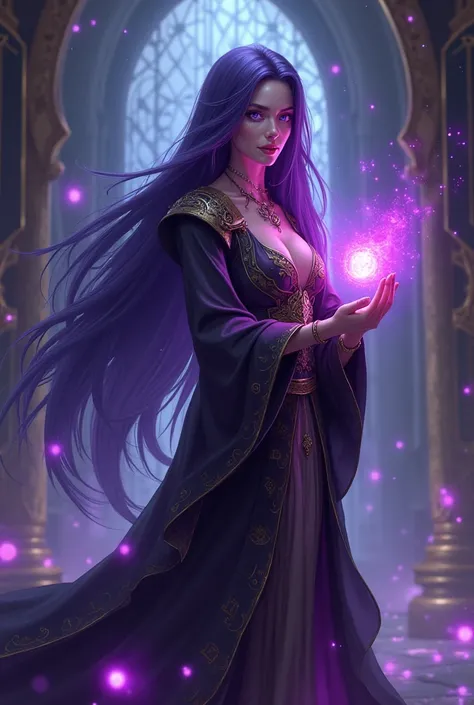 "4K anime style quality, digital drawing mode, chaos dungeon boss-themed sorceress of dark magic, long flowing purple hair with glowing violet eyes, wearing an intricately detailed robe adorned with arcane symbols, standing in a mystical chamber filled wit...