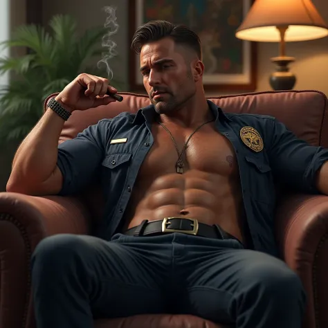 Police officer muscles open shirt lying on couch smoking cigar 