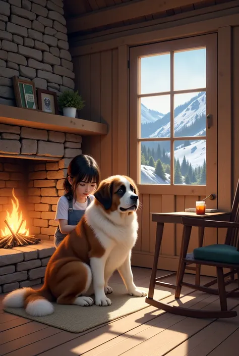 ( Masterpiece:1.2,  top quality), ( by Nomi, photo by Nomi:1.4),  Beautiful Illustrations , (  Natural Side Lighting  , Cinema Lighting),  depth of written boundary ,  mats are laid on the wooden floor,  St. Bernard dog sitting on it ,  girl holding a dog ...