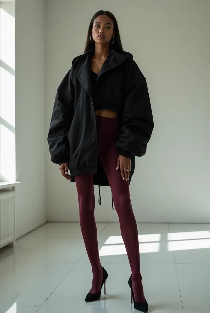 A french darkskin model with glossy skin, and sleek  hair held back, mini rings on her fingers, wearing a black crop oversized bulky long-sleeved jacket made with black cotton candy and diamond interwoven triangular sleeve with a skin type black inner long...