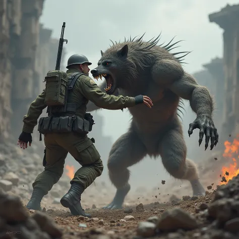 Werewolf attacking soldier