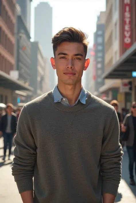 25 years old Charismatic , short hair man wearing a sweater and he is standing on street 