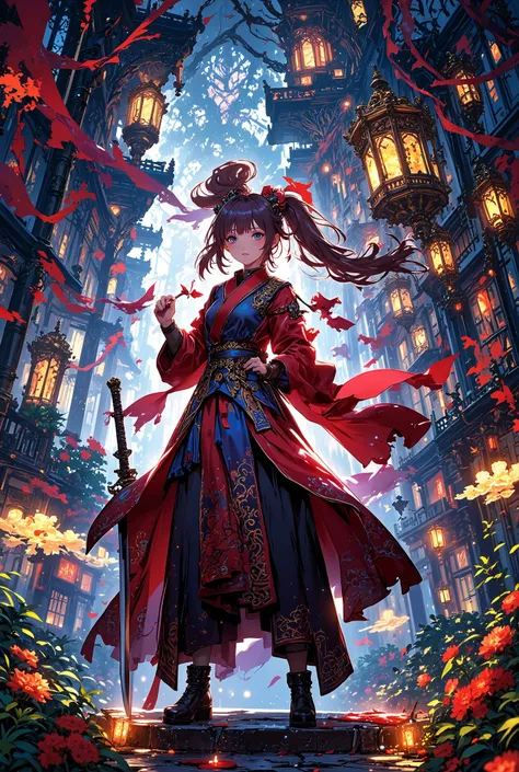 1girl, detailed anime style, high resolution, intricate fantasy environment, ornate sword, dramatic lighting, vibrant colors, detailed facial features, elegant pose, cinematic composition, photorealistic, 8k, masterpiece, hyper detailed, ultra-detailed, ex...