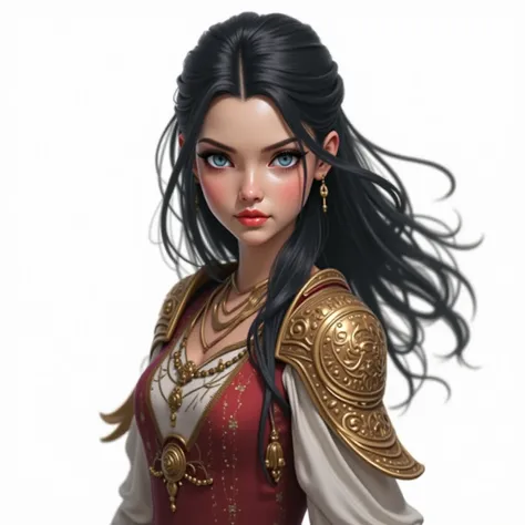 Design a stunning and realistic fantasy movie poster featuring a young female protagonist with long, flowing black hair and fair white skin. The character is shown in a front mid-shot, exuding fierce determination and power. She is dressed in elaborate, re...