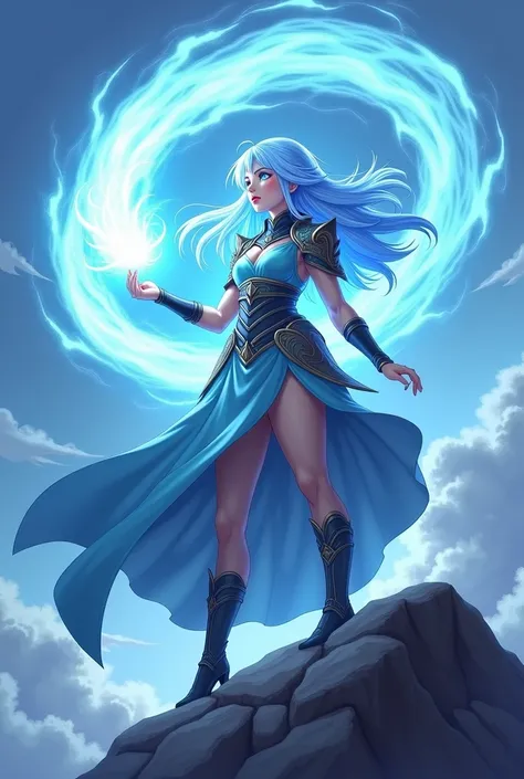 "4K anime style quality, digital drawing mode, chaos dungeon boss-themed warden, with long flowing light blue hair, glowing sky-blue eyes, wearing a flowing cloak that billows as though caught in the wind, standing at the peak of a mountain, surrounded by ...