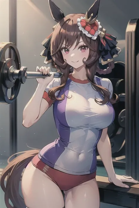 gentildonna,umamusume,1girl, animal ears, solo, purple eyes, horse tail,large breasts,,light smile,best quality,gym,compression shirt