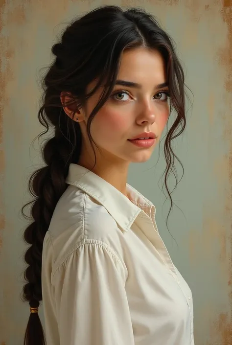 Beauty european cowgirl, one braid, black Hair, light eyes, white shirt, light skin,half body, oil painting art, side portrait, vintage art