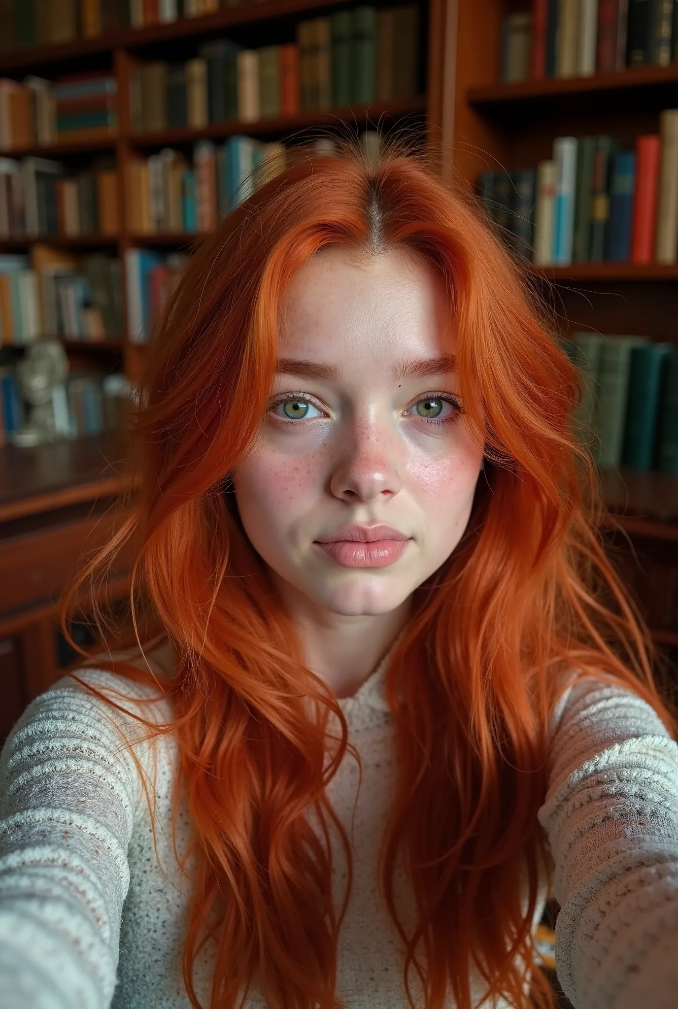 Selfie of a 18yo girl with red hair in library