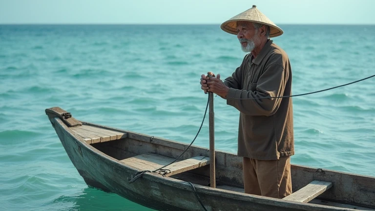 A 65-year-old Indonesian man, wearing a shabby long-sleeved brown fisherman's outfit and a bamboo hat on his head, is standing on a wooden boat, lifting the anchor to be thrown into the sea, against the background of bluish sea water. Bright morning atmosp...