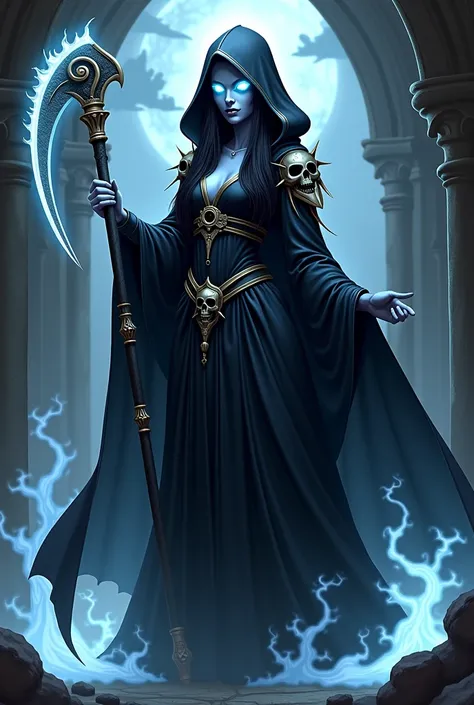 "4K anime style quality, digital drawing mode, chaos dungeon boss-themed dark reaper with long black hair, glowing ghostly-white eyes, wearing a dark hooded cloak adorned with skull motifs, standing in a crypt with swirling spirits surrounding her, radiant...