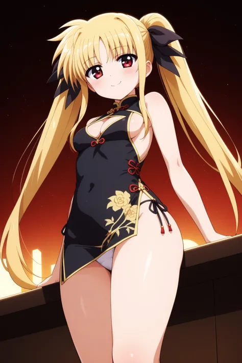 masterpiece,best quality,{{detailed beautiful face and eyes}}, very detailed background,
Fate Testarossa,{{{megami magazine}}},long hair,blonde hair,twintails,hair ribbons,black ribbons,red eyes,small breasts,
((bare shoulders,black china dress,black chine...