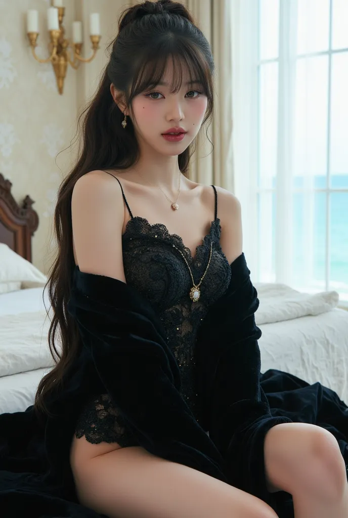 A cute and beauty korean girl, 22 years old, 　thong, , sitting on bed, seaside mansion, vlack plush velvet costume 