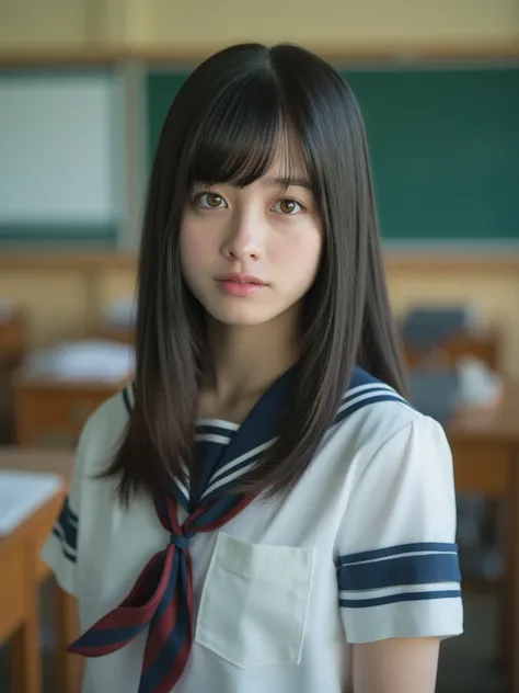 4k,masterpiece,best quality,detailedescription,photorealistic,natural lighting,1 girl,Kanna Hashimoto,school uniform,looking at viewer,from front,classroom