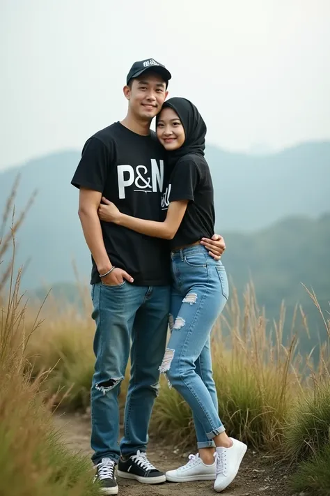 R omantic photo of Korean man wearing baseball cap, t-shirt that says P&N ,  Jaket , ripped jeans, sneakers and Indonesian woman wearing hijab, t-shirt that says N&P ,  Jaket , celana jeans ketat, sepatu kets putih, memegang mawar, standing on a hill huggi...