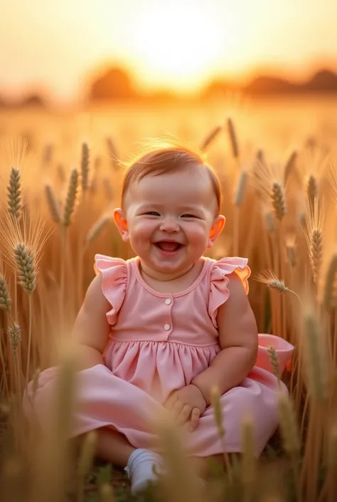 Photograph of a newborn girl sitting in a wheat field wearing a pink dress laughing at sunset 
