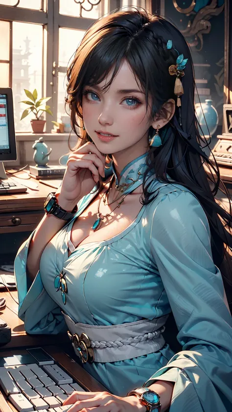  Masterpiece,  top quality,  ultra high resolution,  Illustration of ,( 1 girl), beautiful, detailed eyes ,  Watch Viewers , ( Hold up the computer keyboard ),  happy, ( turquoise hair :1), (Blue round eyes:1), (Round earrings), ( large turquoise jewelry n...