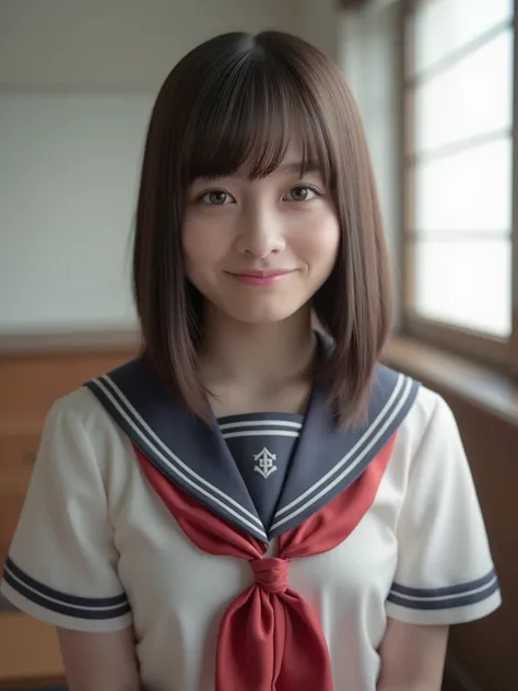 4k,masterpiece,best quality,detailedescription,photorealistic,natural lighting,1 girl,Kanna Hashimoto,school uniform,looking at viewer,from front,classroom, She smiled faintly at the corner of her mouth